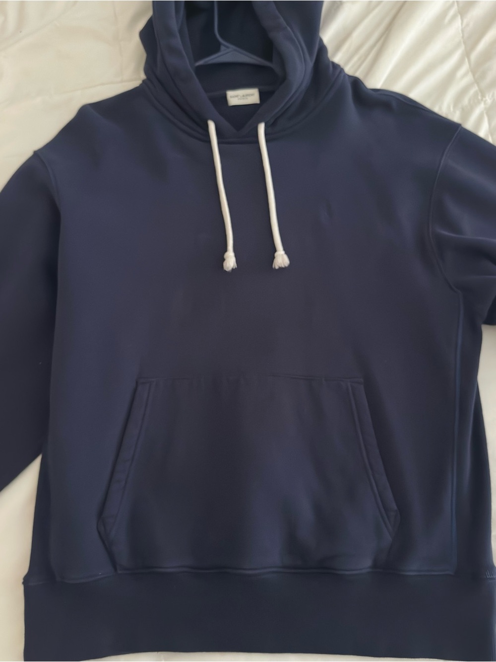 Saint Laurent Paris Men's Navy Blue Hoodie Sweatshirt with YSL Logo Medium